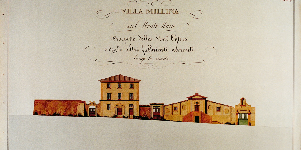 Villa Millina sul Monte Mario - prospetto dell’Oratorio della Santa Croce e degli altri fabbricati aderenti lungo la via Trionfale alla metà dell’Ottocento - disegno acquarellato degli architetti Gaspare Servi e Salvatore Parisi, Archivio Storico Capitolino (Archivio Cardelli)