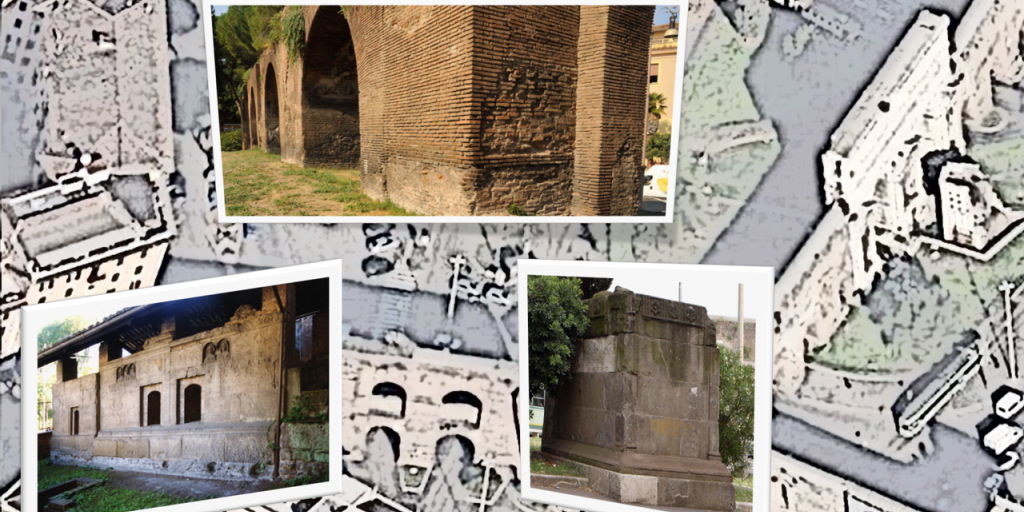 Alcuni dei monumenti protagonisti della passeggiata, sullo sfondo di Piazza di Porta Maggiore