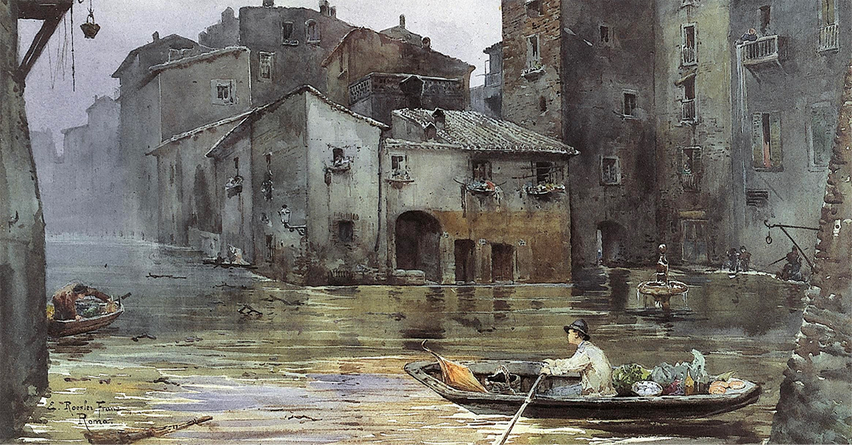 ): Ettore Roesler Franz, La via Fiumara, nel Ghetto, inondata, acquerello su carta, 1878-1883, Museo di Roma