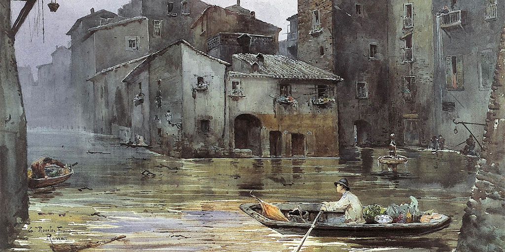 ) E. Roesler Franz, La via Fiumara, nel Ghetto, inondata (1878-1883). Acquerello su carta. Sovrintendenza Capitolina, Museo di Roma