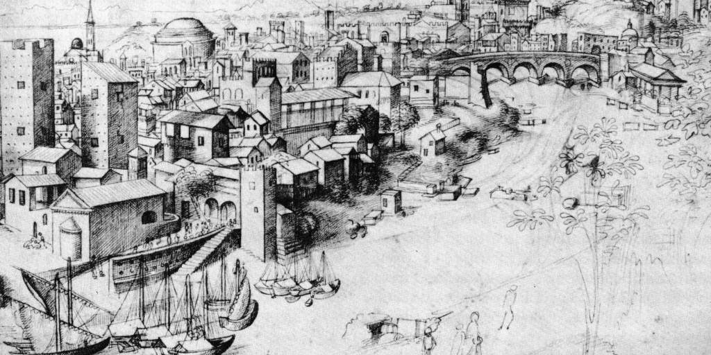 Veduta di Roma con dogana porto e imbarcazioni a Ripa Grande (Codex Escurialensis 1490 ca.)