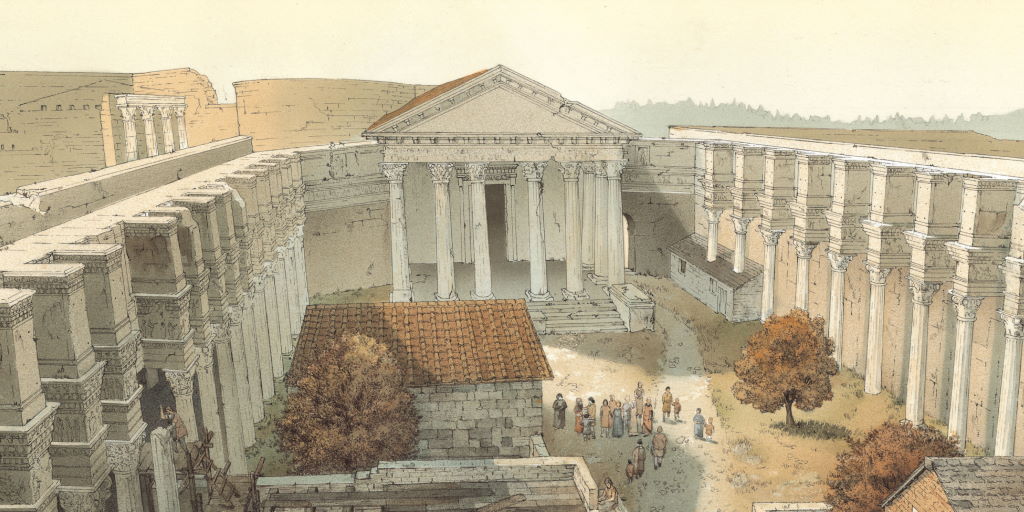 Veduta ricostruttiva del Foro di Nerva nel X secolo con gruppo di donne