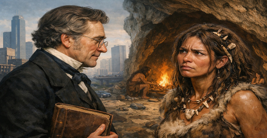 Una donna preistorica perplessa di fronte allo sguardo pieno di pregiudizi di uno studioso ottocentesco, pronto a delineare una narrazione distorta del suo ruolo che spesso perdura nel presente Una donna preistorica perplessa di fronte allo sguardo pieno di pregiudizi di uno studioso ottocentesco, pronto a delineare una narrazione distorta del suo ruolo che spesso perdura nel presente