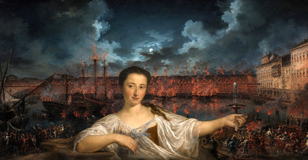 C. Lacroix, Festa notturna nella darsena di Civitavecchia, 1763, olio su tela, MR 45655 + P. Batoni, Ritratto di Girolama Santacroce come Vanitas, 1759, olio su tela, Dep MC 138 (dett.). Rielaborazione grafica creativa img Simart. C. Lacroix, Festa notturna nella darsena di Civitavecchia, 1763, olio su tela, MR 45655 + P. Batoni, Ritratto di Girolama Santacroce come Vanitas, 1759, olio su tela, Dep MC 138 (dett.). Rielaborazione grafica creativa img Simart.