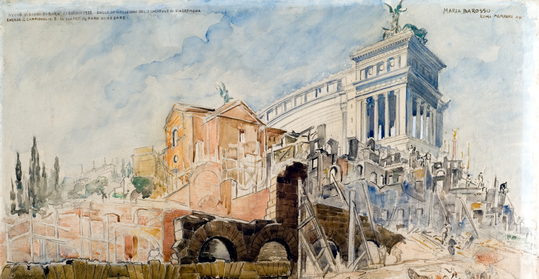 Maria Barosso, Demolizione delle case in Via Cremona per gli scavi al Foro di Cesare, 1932, matita e acquerello su carta, MR - 2492, Roma, Museo di Roma. Foto: Alfredo Valeriani. Copyright dell'immagine: Roma Capitale, Sovrintendenza Capitolina ai Beni Culturali. Referenze fotografiche: Roma, Museo di Roma, Archivio Iconografico Maria Barosso, Demolizione delle case in Via Cremona per gli scavi al Foro di Cesare, 1932, matita e acquerello su carta, MR - 2492, Roma, Museo di Roma. Foto: Alfredo Valeriani. Copyright dell'immagine: Roma Capitale, Sovrintendenza Capitolina ai Beni Culturali. Referenze fotografiche: Roma, Museo di Roma, Archivio Iconografico