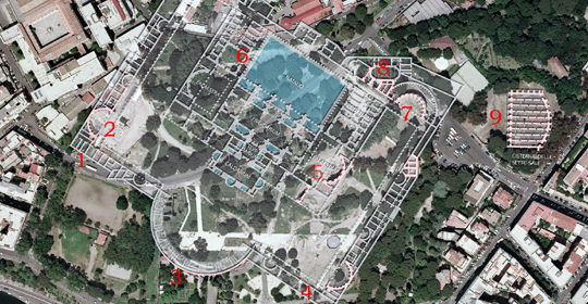 Foto aerea del Parco di Colle Oppio con sovrapposizione della planimetria delle Terme di Traiano.