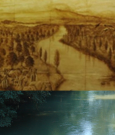 In alto: il fiume Aniene in una ricostruzione dalle maioliche artistiche all’ingresso del Museo; in basso: un trattodella bassa valle dell’Aniene oggi