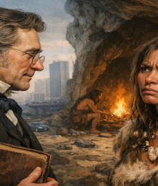 Una donna preistorica perplessa di fronte allo sguardo pieno di pregiudizi di uno studioso ottocentesco, pronto a delineare una narrazione distorta del suo ruolo che spesso perdura nel presente