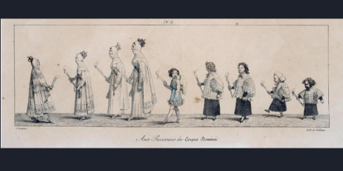 A.J.B. Thomas, Processione del Corpus Domini con le ammantate e i frati portacero, particolare (1823). Sovrintendenza Capitolina, Museo di Roma A.J.B. Thomas, Processione del Corpus Domini con le ammantate e i frati portacero, particolare (1823). Sovrintendenza Capitolina, Museo di Roma