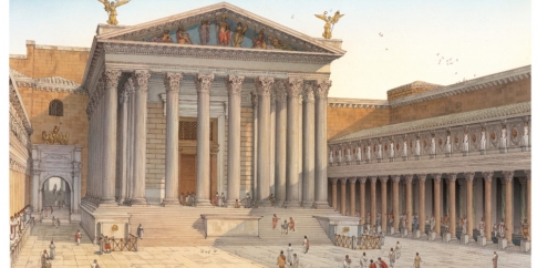 Veduta ricostruttiva del Foro di Augusto, con la piazza e il Tempio di Marte Ultore sullo sfondo