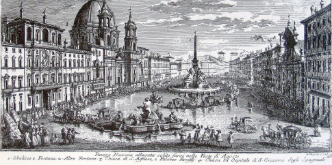 Piazza Navona allagata, con obelisco, Fontane, Chiesa di Sant'Agnese, Chiesa di San Giacomo degli Spagnoli e Palazzo Pamfili