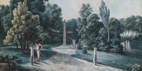 ) J.F. Sablet, Veduta dell'obelisco solare a Villa Borghese, fine XVIII secolo-inizio XIX secolo, acquerello su carta, collezione F. Antonacci (Roma)
