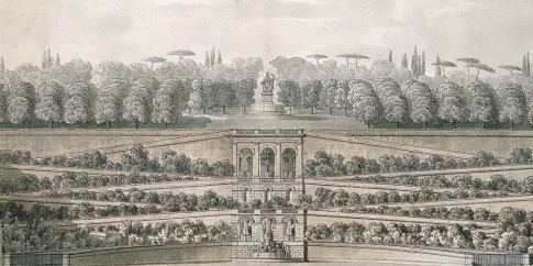 Louis-Martin Berthault, Progetto per il “Giardino del Grande Cesare” al Pincio, 1813, disegno acquerellato, Museo di Roma, MR 5856. Particolare