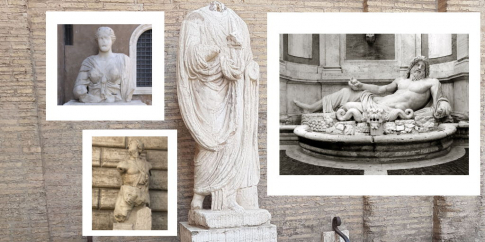 Statue parlanti (in alto sx Madama Lucrezia; in basso a sx Pasquino; centro Abate Luigi; a dx Marforio)