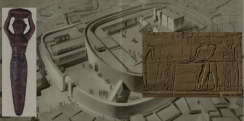 Il chiodo di fondazione MB 44 di Shulgi e un rilievo di Ramses II (raffigurato nell’atto di preparare un mattone) sullo sfondo di un’ipotesi ricostruttiva dell’aspetto originario del Tempio Ovale di Khafajah (Iraq)