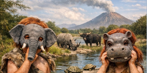 Bambina e bambino di Neanderthal mascherati da animali pleistocenici lungo il fiume di Casal de’ Pazzi