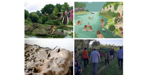 Ricostruzioni del paesaggio fluviale pleistocenico di Casal de’ Pazzi con le sue scene di vita (in alto), il giacimento archeo-pleistocenico come appare oggi all’interno del Museo di Casal de’ Pazzi (in basso a sinistra) e un momento di una passeggiata archeo-naturalistica nel Parco dell’Aniene.