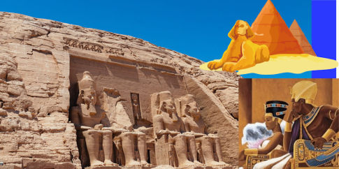 Elaborazioni grafiche e facciata del Grande Tempio di Ramses II ad Abu Simbel 
