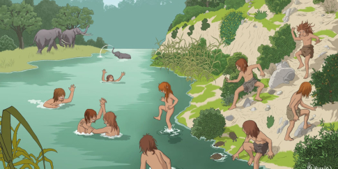 ) Illustrazione di Andrea Camic tratta dall’esposizione accessibile “Un viaggio particolare dal fiume al mare”, in cui si vedono bambini neandertaliani giocare nel fiume di Casal de’ Pazzi, circondati da fauna e flora pleistoceniche