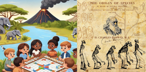 dei bambini giocano a “Evolution!” immaginando di trovarsi lungo il fiume pleistocenico di Casal de’ Pazzi, scoprendo così la teoria dell’evoluzione di Darwin