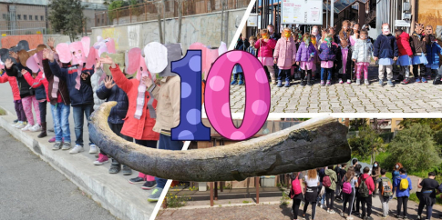 Al Museo di Casal de’ Pazzi si festeggiano i dieci anni dalla sua apertura: nel 2015, bambini con mascherine da animali preistorici salutano fuori dal Museo (a sinistra), proprio come una classe di scuola dell’infanzia nel 2025 (a destra, in alto). 
