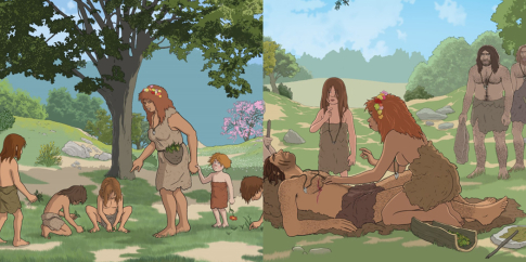 Due momenti della vita quotidiana delle comunità neandertaliane, la raccolta delle erbe medicinali e la cura di un ferito, immaginati dall’artista Andrea Camic ed esposte nel giardino del Museo di Casal de’ Pazzi nell’ambito dell’esposizione accessibile permanente “Un viaggio particolare…Dal fiume al mare”