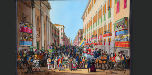 Maschere e carrozze a San Carlo al Corso durante carnevale, di Stanislavo Morelli (stampa 1841)