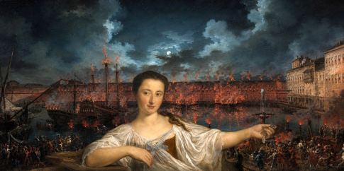C. Lacroix, Festa notturna nella darsena di Civitavecchia, 1763, olio su tela, MR 45655 + P. Batoni, Ritratto di Girolama Santacroce come Vanitas, 1759, olio su tela, Dep MC 138 (dett.). Rielaborazione grafica creativa img Simart. C. Lacroix, Festa notturna nella darsena di Civitavecchia, 1763, olio su tela, MR 45655 + P. Batoni, Ritratto di Girolama Santacroce come Vanitas, 1759, olio su tela, Dep MC 138 (dett.). Rielaborazione grafica creativa img Simart.