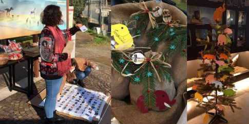 Alcune immagini delle iniziative natalizie al Museo di Casal de’ Pazzi del 2021 (da sx a dx: I volontari del Servizio Civile Universale 2021-22 durante la tombolata; alcuni premi della tombolata; l’albero di Natale decorato dai visitatori)