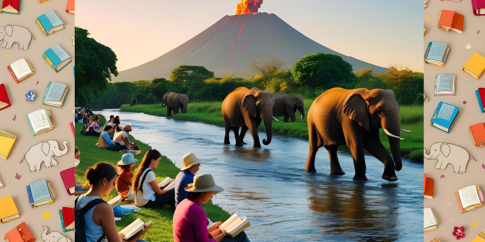 Lettrici e lettori riuniti intorno al fiume preistorico di Casal de’ Pazzi, mentre elefanti pleistocenici passeggiano e un vulcano fuma sullo sfondo