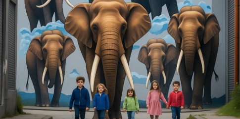 Bambini (di fantasia) appartenenti alla comunità cittadina di Rebibbia Casal de’ Pazzi passeggiano per le vie di una periferia che hanno vivacizzato con murales a tema preistorico – gli elefanti antichi escono dai disegni e si uniscono a loro, riunendo passato e presente e creando un senso di orgoglio e appartenenza. Bambini (di fantasia) appartenenti alla comunità cittadina di Rebibbia Casal de’ Pazzi passeggiano per le vie di una periferia che hanno vivacizzato con murales a tema preistorico – gli elefanti antichi escono dai disegni e si uniscono a loro, riunendo passato e presente e creando un senso di orgoglio e appartenenza.