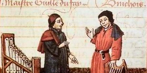 Secolo XV. Borgogna. IN figura i Maestri Dufay e Binchois, maggiori esponenti della Scuola di Musica di Borgogna.