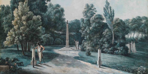 ) J.F. Sablet, Veduta dell'obelisco solare a Villa Borghese, fine XVIII secolo-inizio XIX secolo, acquerello su carta, collezione F. Antonacci (Roma) ) J.F. Sablet, Veduta dell'obelisco solare a Villa Borghese, fine XVIII secolo-inizio XIX secolo, acquerello su carta, collezione F. Antonacci (Roma)