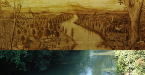 In alto: il fiume Aniene in una ricostruzione dalle maioliche artistiche all’ingresso del Museo; in basso: un trattodella bassa valle dell’Aniene oggi