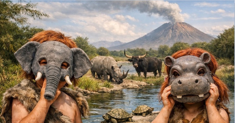 Bambina e bambino di Neanderthal mascherati da animali pleistocenici lungo il fiume di Casal de’ Pazzi