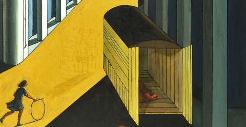 Giorgio de Chirico, Mistero e malinconia di una strada, fanciulla con cerchio, olio su tela, anni Sessanta, Roma, Museo C. Bilotti (particolare)
