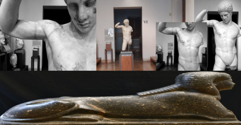 L’efebo di tipo Westmacott (MB 99), della Sala V (secondo piano) e la Sfinge MB 13 (primo piano) della Sala II del Museo Barracco (elaborazioni grafiche) L’efebo di tipo Westmacott (MB 99), della Sala V (secondo piano) e la Sfinge MB 13 (primo piano) della Sala II del Museo Barracco (elaborazioni grafiche)