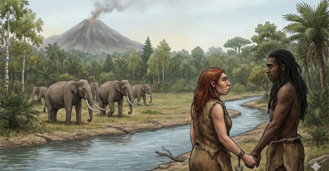 Immagine generata da IA di una donna Sapiens e un uomo di Neanderthal che si incontrano nel Pleistocene_1050x545