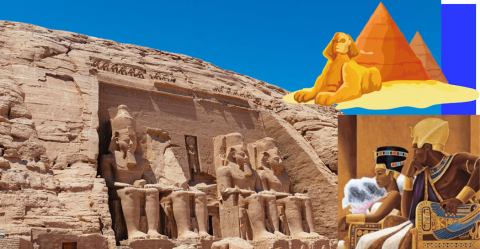 Elaborazioni grafiche e facciata del Grande Tempio di Ramses II ad Abu Simbel 