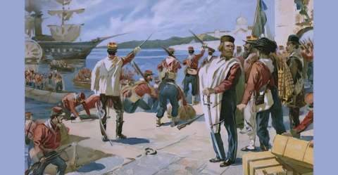 Spedizione dei Mille sotto la guida di Giuseppe Garibaldi, sbarco a Marsala, Sicilia, 1860, illustrazione da un album sulla storia del Risorgimento