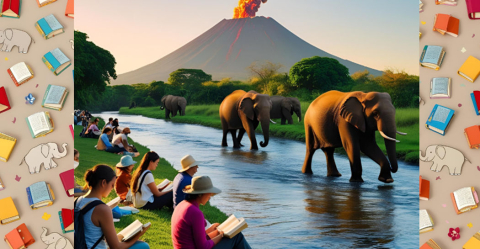 Lettrici e lettori riuniti intorno al fiume preistorico di Casal de’ Pazzi, mentre elefanti pleistocenici passeggiano e un vulcano fuma sullo sfondo