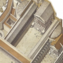 Veduta ricostruttiva del Foro di Augusto dopo la costruzione del Foro di Nerva (a destra) e del Foro di Traiano (a sinistra)
