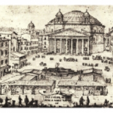 La piazza con le strutture del mercato e la fontana originaria in un disegno di L. Cruyl della fine del XVII secolo